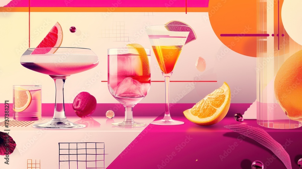 Poster a table topped with glasses filled with different types of drinks next to slices of oranges and grap