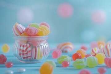 Fototapeta na wymiar colorful candies and jellybeans on blue background