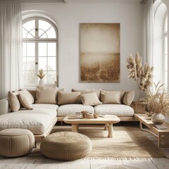 Summer Nordic Interior - Summer Nordic Living Room Backdrop - Beautiful Bright Living Room Indoor Background - Summer Nordic Living Room Design created with Generative AI Technology