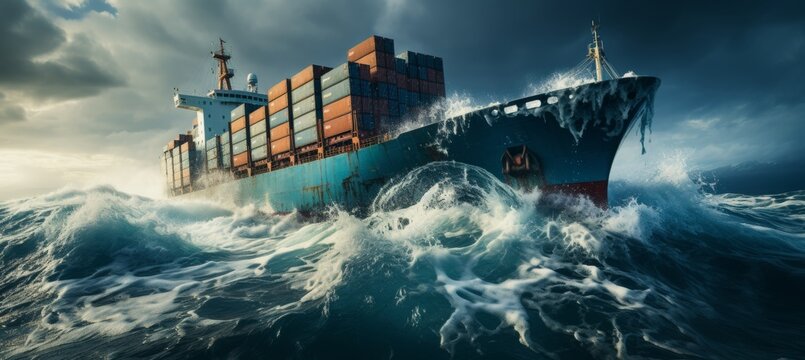 Cargo ship crash in storm at sea, shipping containers falling, business insurance incident concept