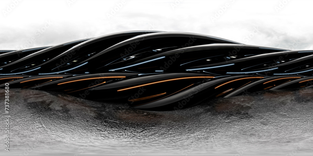 Poster close-up of black round building structure with orange lines 360 panorama vr environment map