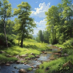 A tranquil stream meandering through lush greenery under a radiant azure sky evokes peaceful rejuvenation