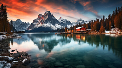  Travel scenic Lago di Misurina. Water nature.