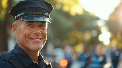 A friendly police officer, in uniform, flashes a warm smile, embodying safety and trust within the community - obrazy, fototapety, plakaty