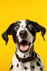 Cute, surprised dog with large, captivating eyes on yellow background. Ideal for promotions, great deals or offers. Good price, Black Friday, discount. Copy space for text. Amazed pet.