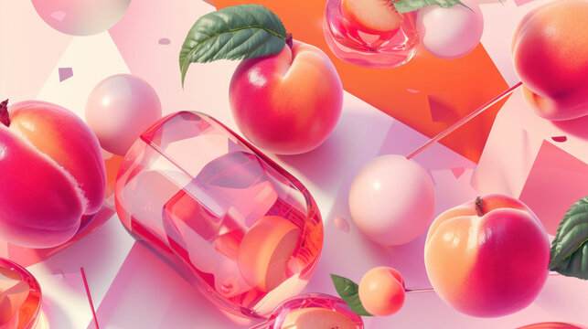 a computer generated image of peaches, apples, and a jar of liquid on a pink and orange geometric background.