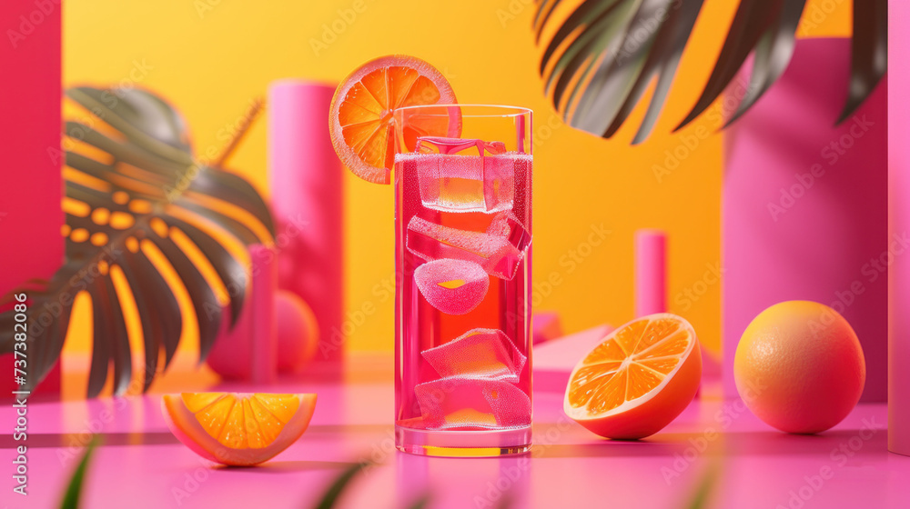 Aufkleber a glass of water with orange slices and a slice of lemon on a pink surface with a palm tree in the b