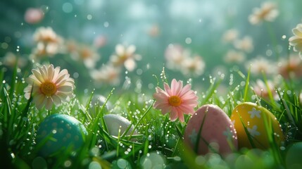 An enchanting Easter egg hunt backdrop, featuring lush grass