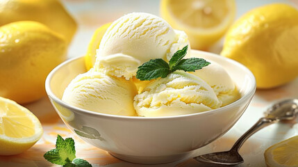 lemon ice cream in a white bowl with mint leaf,  - obrazy, fototapety, plakaty