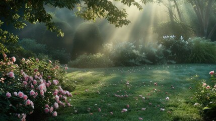 A tranquil garden bathed in soft morning light, adorned with dew-kissed petals, whispers of nature's awakening