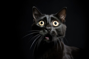 Obraz premium Black surprised cat with large, captivating eyes on black background. Ideal for promotions, great deals or offers. Good price, Black Friday, discount. Amazed pet.