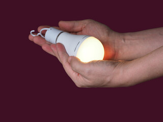 A switched-on LED rechargeable lamp in the hands of a person on a burgundy background

