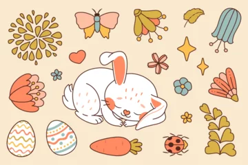 Rucksack Happy Easter vector set. White bunny. Cute rabbit whis flowers and plants, eggs, carrot, butterfly and ladybug. Trendy color flat style vector set. Perfect For Poster, Tshirt Print or Greeting Card. © Aikaterini