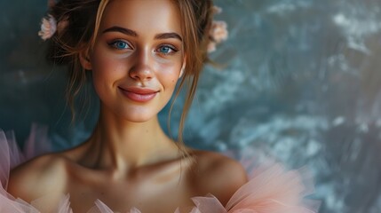 An elegant ballet dancer, clad in a graceful tutu, beams with joy as she poses gracefully for the camera