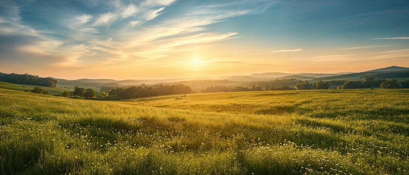Golden Sunrise over Rolling Green Fields. Beautiful Rural Panorama with Green Grass and Wildflowers.