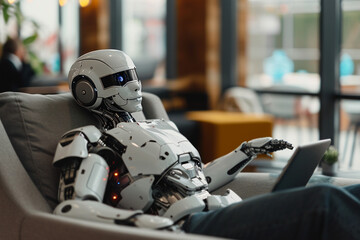 robot lying on the sofa, relaxing, blurred background. Artificial intelect in future life. AI Generated