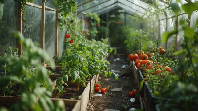 a greenhouse filled with lots of green plants and tomatoes growing on the plants in the middle of the plants are red, orange, and green.