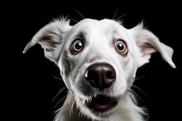 White dog with expressive eyes on a black background, ideal for pet promotions, animal behavior content, humorous themes, or attention-grabbing ads.