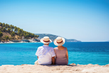 old age family, travel, tourism and people concept , happy senior couple sitting on summer beach