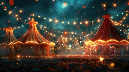 A whimsical circus tent background, adorned with striped awnings, twinkling lights