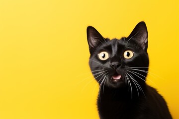 Black surprised cat with large, captivating eyes on yellow background. Ideal for promotions, great deals or offers. Good price, Black Friday, discount. Copy space for text. Amazed pet.