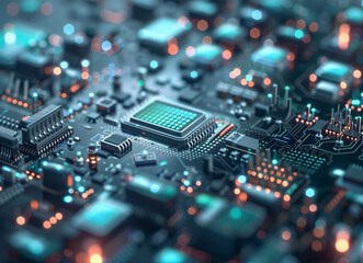 Fototapeta premium Semiconductors of computer circuit board technology with green lights.