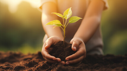 Small hand planting a tree, saving the world from global warming.