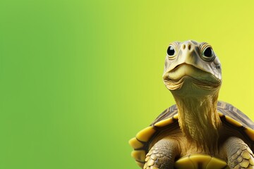 Cute turtle portrait with a vivid green background, perfect for wildlife conservation messages, educational content, or pet-related advertising. Copy space for text.