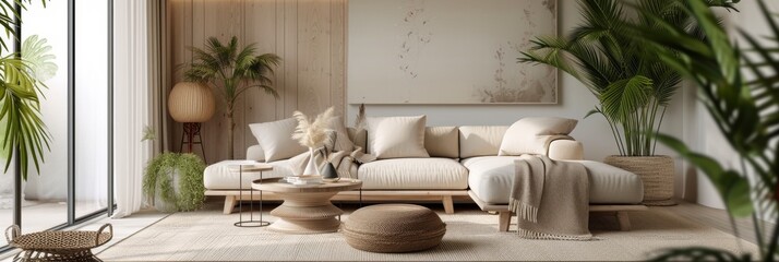 Summer Nordic Interior - Summer Nordic Living Room Backdrop - Beautiful Bright Living Room Indoor Background - Summer Nordic Living Room Design created with Generative AI Technology