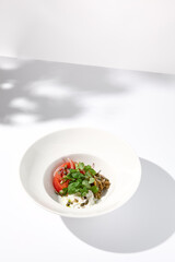 Artistic shadow over a salad with tomatoes, stracciatella cheese, and eggplants garnished with cilantro
