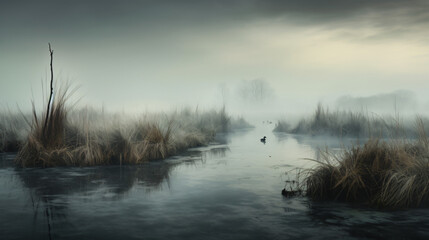 Typical Dutch water landscape in a mystical misty