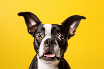 Cute, surprised dog with large, captivating eyes on yellow background. Ideal for promotions, great deals or offers. Good price, Black Friday, discount. Amazed pet.