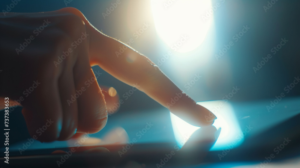 Poster a close-up of a hand interacting with a digital tablet, highlighting the simplicity and precision of