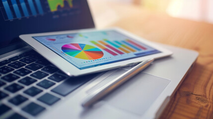 A close-up of a tablet displaying colorful pie charts and graphs placed on a laptop keyboard, signifying data analysis and business planning.