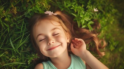 A little girl lies on the green grass in the garden, smiling and dreaming, Cute child enjoying nature outdoors, Kid sleeping on meadow in summer in nature. Dream, childhood, weekend, generative ai