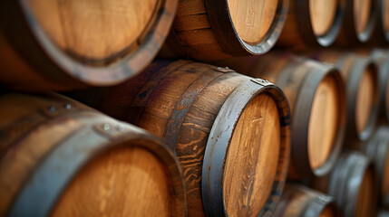 A wall of wooden barrels stacked on top of each other.
