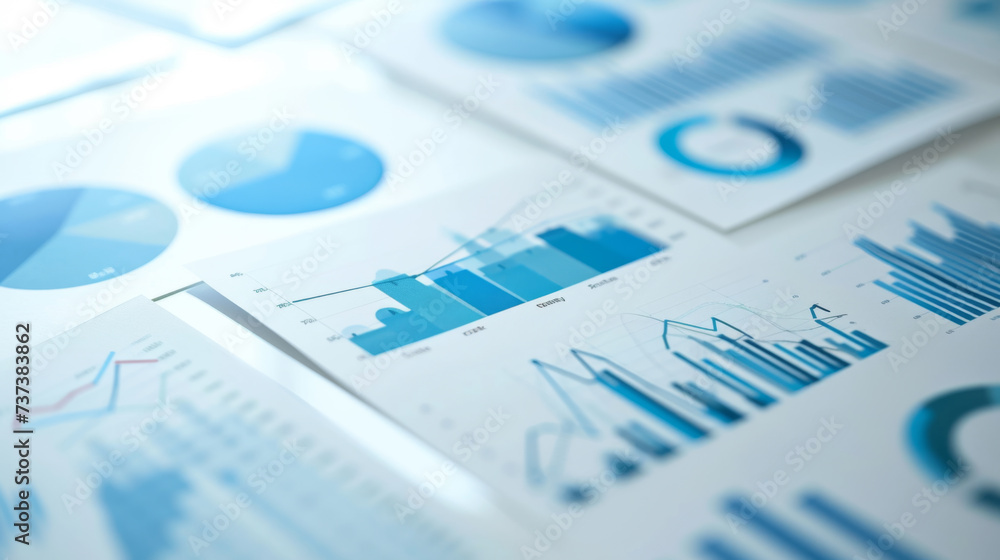 Poster close-up of a collection of business documents with various types of charts and graphs