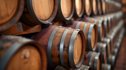 A wall of wooden barrels stacked on top of each other. - obrazy, fototapety, plakaty