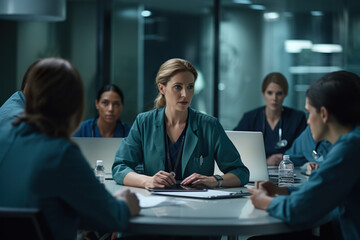 Female Chief of Physicians Leading Meeting in Boardroom, Generative AI