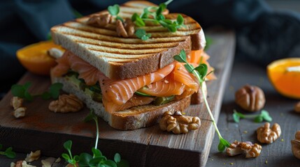 Fototapeta premium a cut in half sandwich sitting on top of a wooden cutting board next to nuts and oranges on a table.