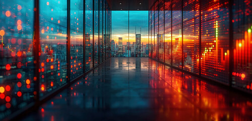 Background with lights. Terminal, hall, office with a view of the city and virtual stock charts. Data analysis concept.