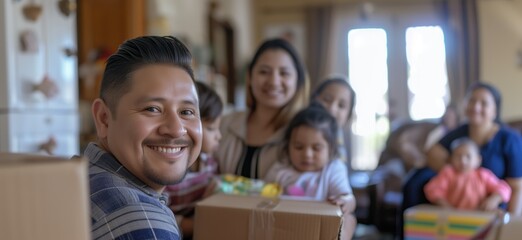 Relocation concept of big mexican or latino family with middle aged man smiling at camera - obrazy, fototapety, plakaty