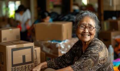 Relocation real estate sale concept senior retired asian woman relocating and unpacking or packing cardboard boxes in her new home smiling at camera with toothy smile