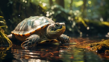 Large turtle in search of prey in underwater habitat   underwater world exploration concept