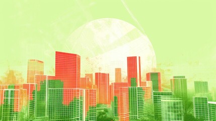 Fototapeta na wymiar a digital painting of a cityscape with a large white ball in the middle of the picture and a green and orange background.