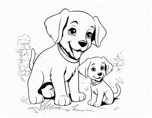 Cute Mother Dog And Puppy Coloring Page Drawing For Kids 