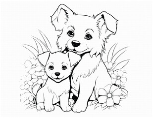 Cute Mother Dog And Puppy Coloring Page Drawing For Kids 