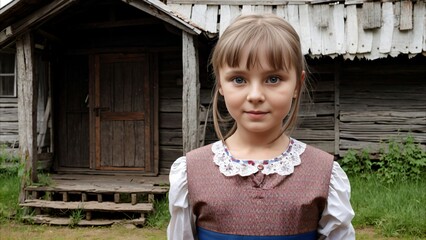 A girl in the village against the background of an old house.