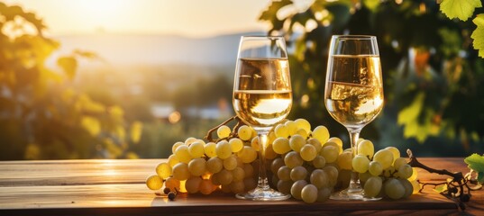 Glass of white wine with bunch of grapes on wooden background, sunset banner concept