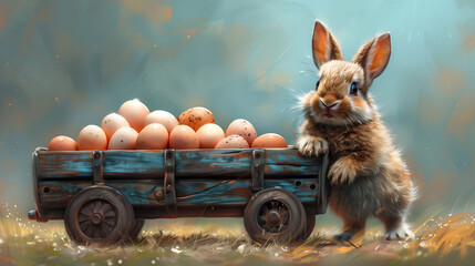 A drawing of the Easter bunny pushing a wheelbarrow filled with Easter eggs - obrazy, fototapety, plakaty
